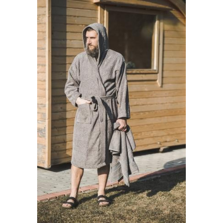 Peignoir en coton à capuche, gris XXL