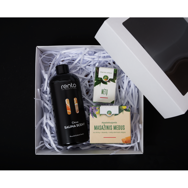 Coffret cadeau dans un coffret cadeau CITRON. Miel, huile essentielle et essence de parfum