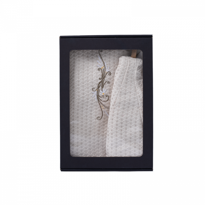 Coffret cadeau pour ELLE. Bonnet et tablier de sauna femme - LIN, brodé M-L