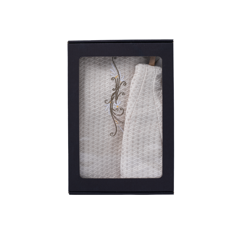 Coffret cadeau pour ELLE. Bonnet et tablier de sauna femme - LIN, brodé