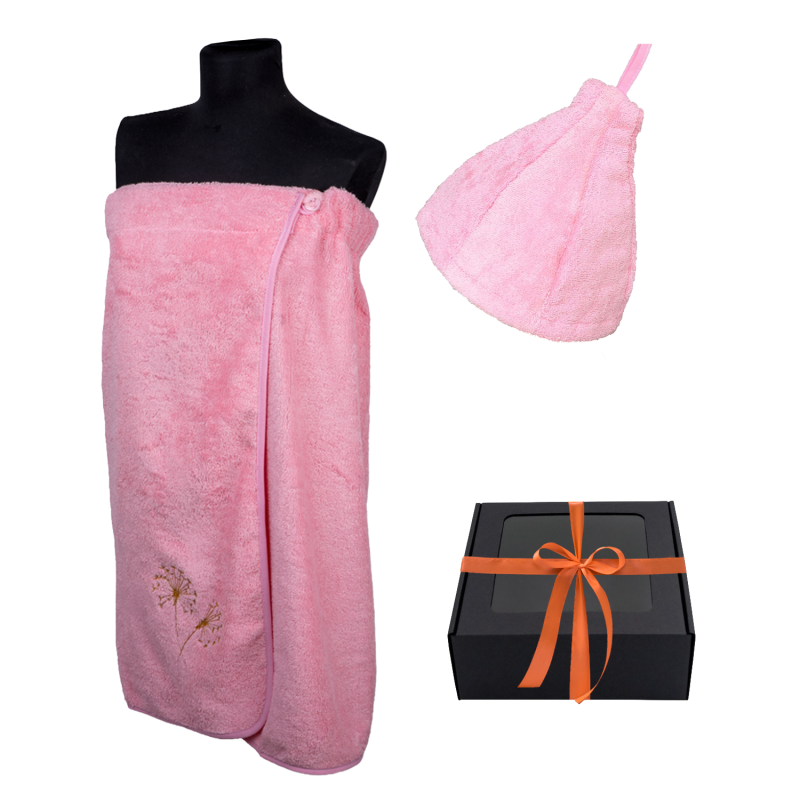 Coffret cadeau pour ELLE. Bonnet et tablier de sauna pour femme - ROSE