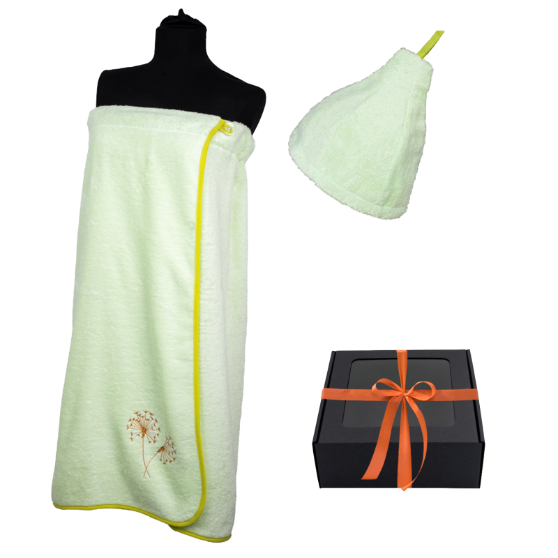 Coffret cadeau pour ELLE. Bonnet et tablier de sauna pour femme, vert clair.