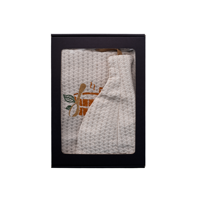 Coffret cadeau pour lui. Bonnet et tablier de sauna pour homme - LIN, brodé