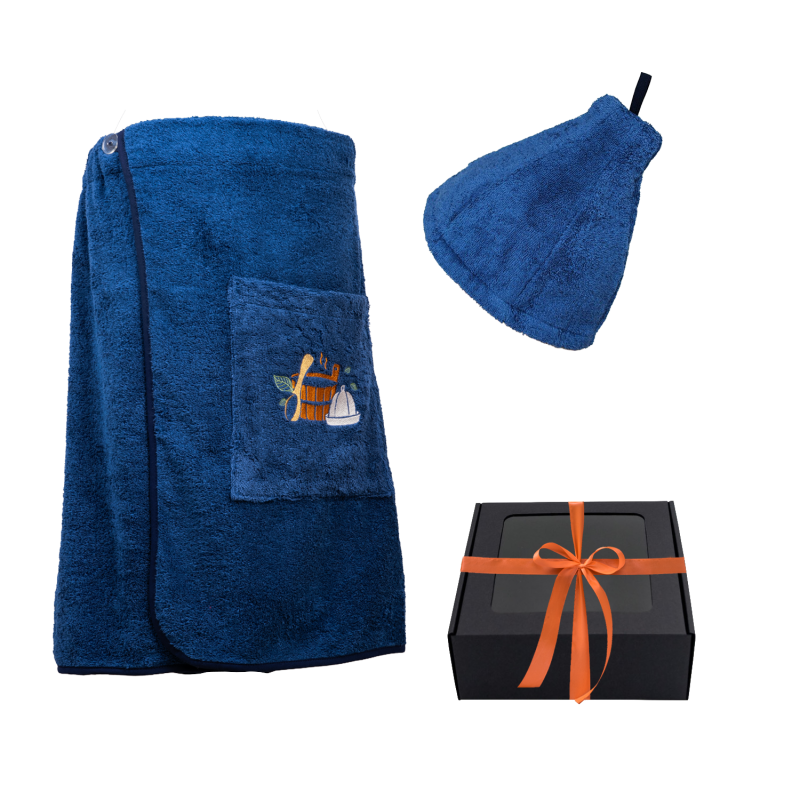 Coffret cadeau pour LUI. Chapeau et tablier de sauna pour homme - BLEU