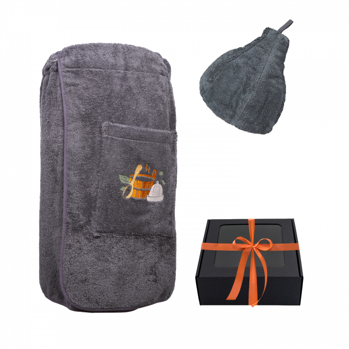Coffret cadeau pour lui. Bonnet et tablier de sauna pour homme - GRIS Taille S-M