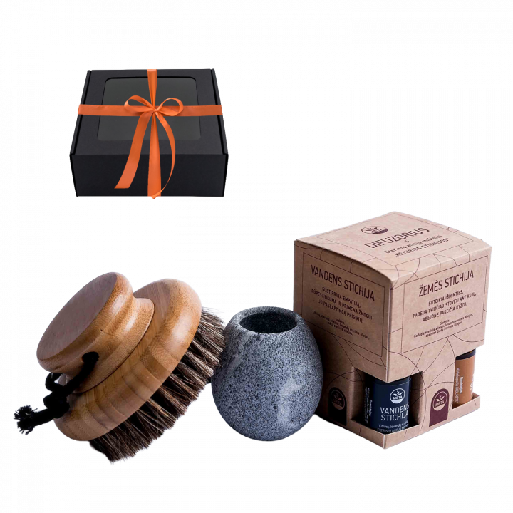 Coffret cadeau « Chaleur parfumée ». Contient une brosse, un pot pour les parfums et les huiles essentielles.