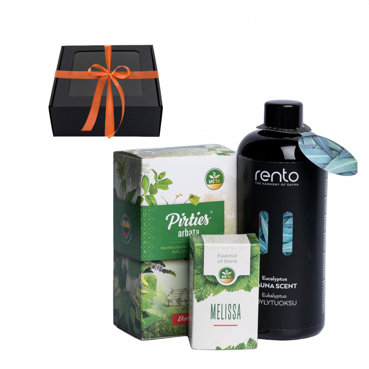 Coffret cadeau Parfums de Sauna. Thé, huile essentielle et essence parfumée.