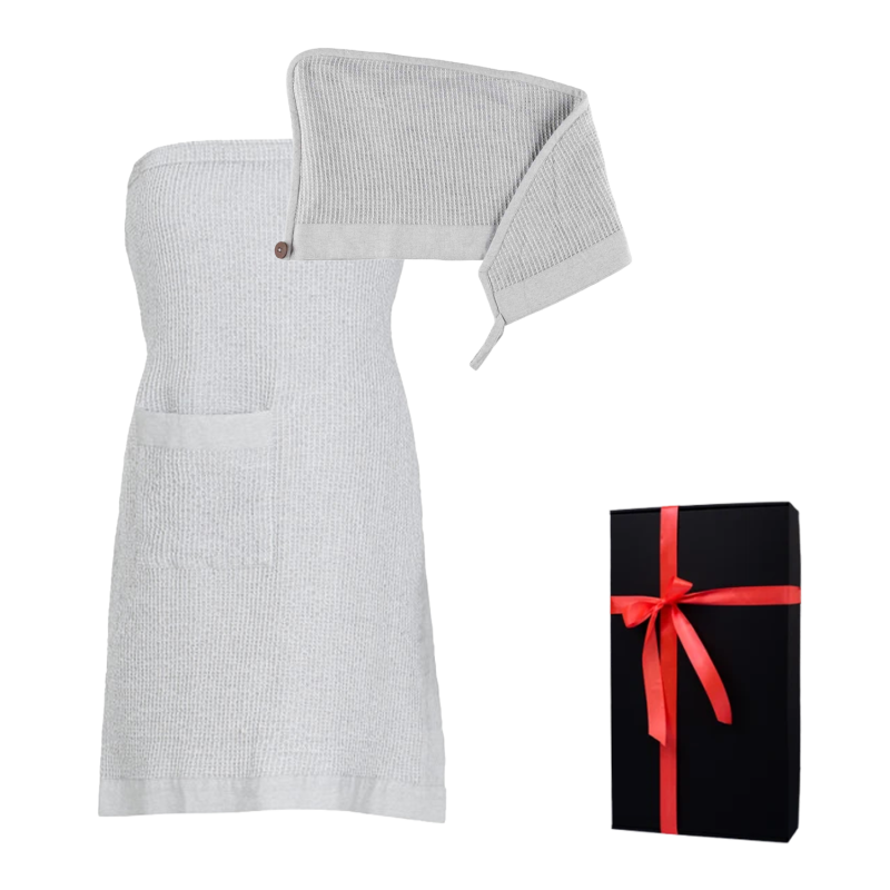 Coffret cadeau RENTO KENNO POUR ELLE. Serviette pour les cheveux et tablier, gris clair.