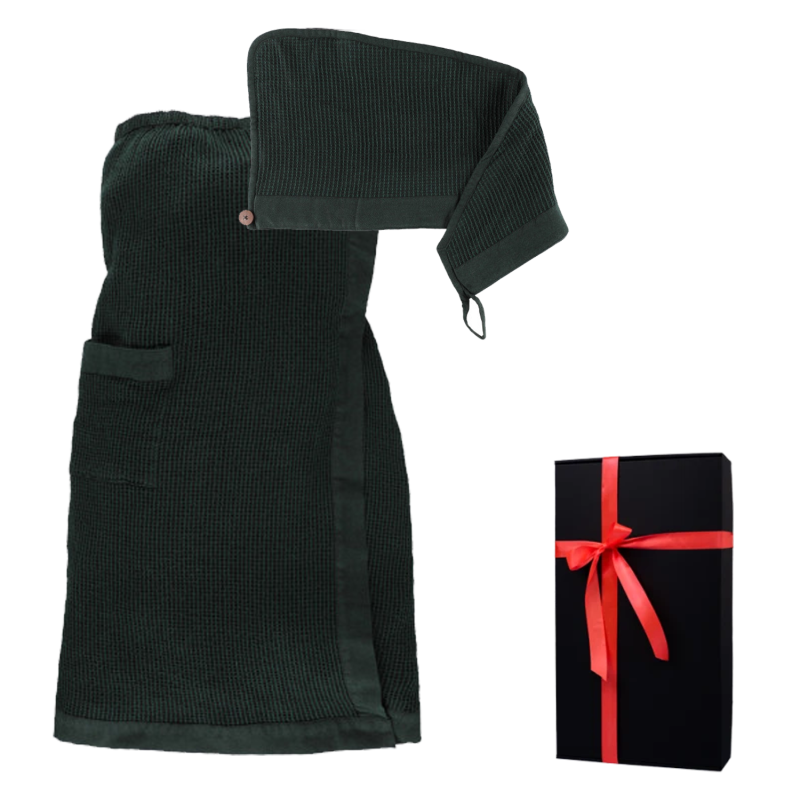 Coffret cadeau RENTO KENNO POUR ELLE. Serviette pour les cheveux et tablier, vert foncé.