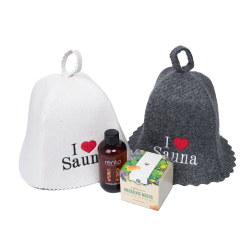 Coffret cadeau I LOVE SAUNA dans un coffret cadeau. Chapeaux de sauna, huile de massage et miel  Coffret cadeau I LOVE SAUNA dans un coffret cadeau. Chapeaux de sauna, huile de massage et miel