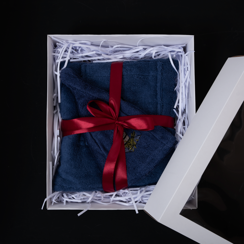 Coffret cadeau pour lui - BLEU, 55x150 cm, dans un coffret cadeau. Tablier et chapeau pour sauna