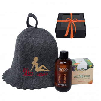 Coffret cadeau MISS SAUNA dans un coffret cadeau. Chapeau de sauna, huile de massage et miel