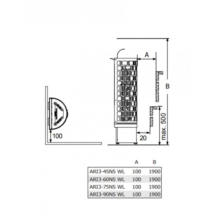 Poêle de sauna électrique – SAWOTEC Ari Wall, sans unité de commande, ARI3-90NS-WL