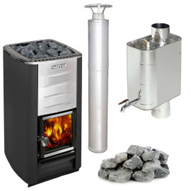 Ensemble poêle à bois pour sauna HARVIA M3, pierres, cheminée, chauffe-eau  Ensemble poêle à bois pour sauna HARVIA M3, pierres, cheminée, chauffe-eau