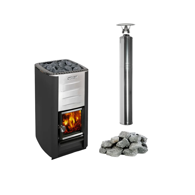 Ensemble poêle à bois pour sauna HARVIA M3, pierres, cheminée
