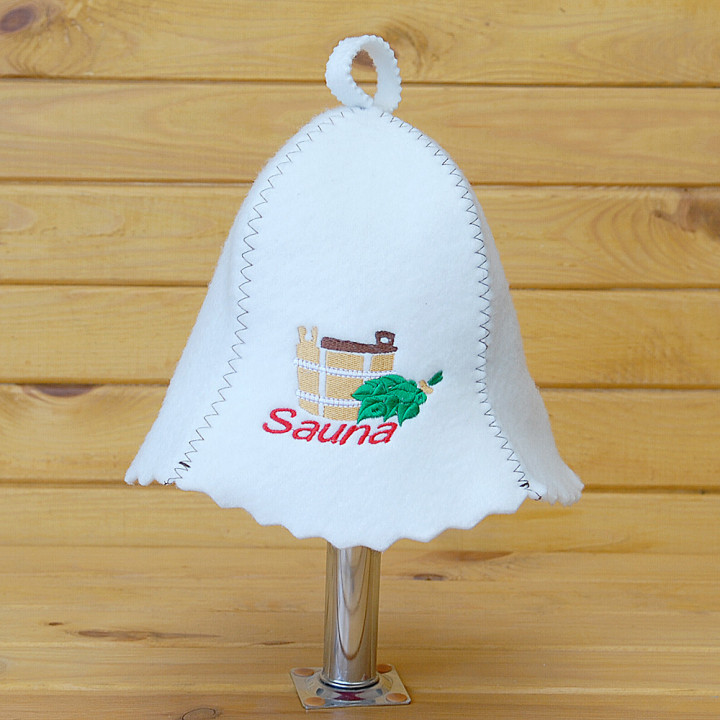 Bonnet de sauna - SAUNA avec seau et fouet, blanc
