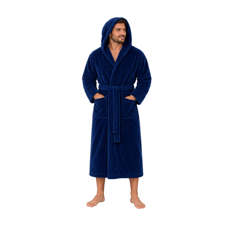 Peignoir à capuche en velours de coton, bleu