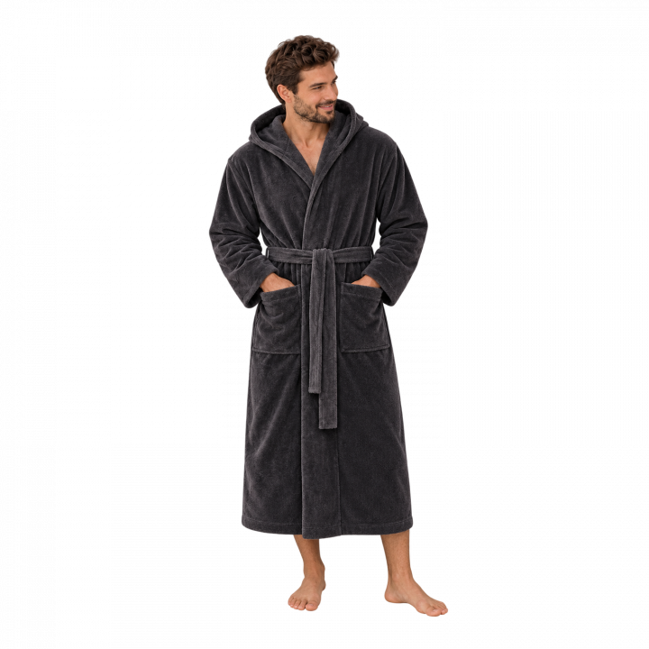 Peignoir en velours de coton avec capuche, gris