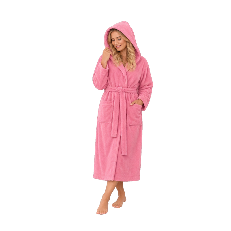 Peignoir à capuche en velours de coton, rose