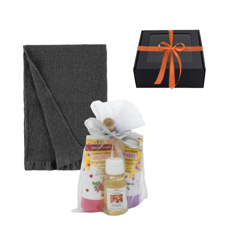 Coffret cadeau pour femme. Miel pour sauna, huile de sauna et serviette pour les mains.