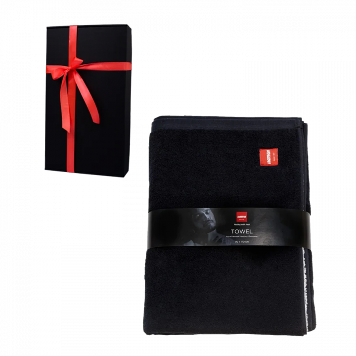 Serviette HARVIA #healingwithheat dans un coffret cadeau, 90 x 170 cm, noir