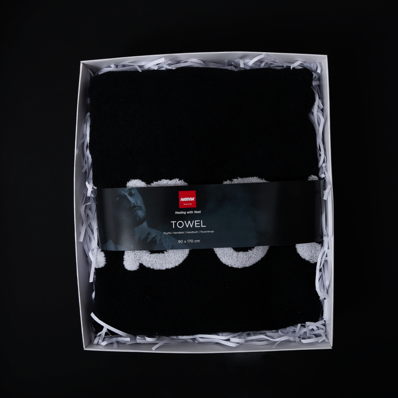 Serviette HARVIA #healingwithheat dans un coffret cadeau, 90 x 170 cm, noir