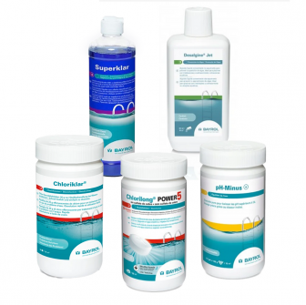 Kit d'entretien pour piscines avec filtre à cartouche, au chlore