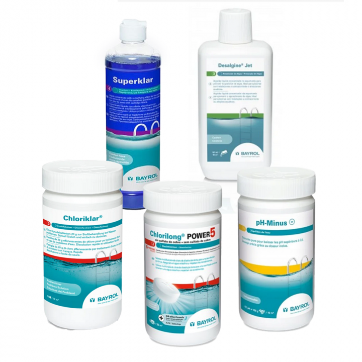 Kit d'entretien pour piscines avec filtre à cartouche, au chlore