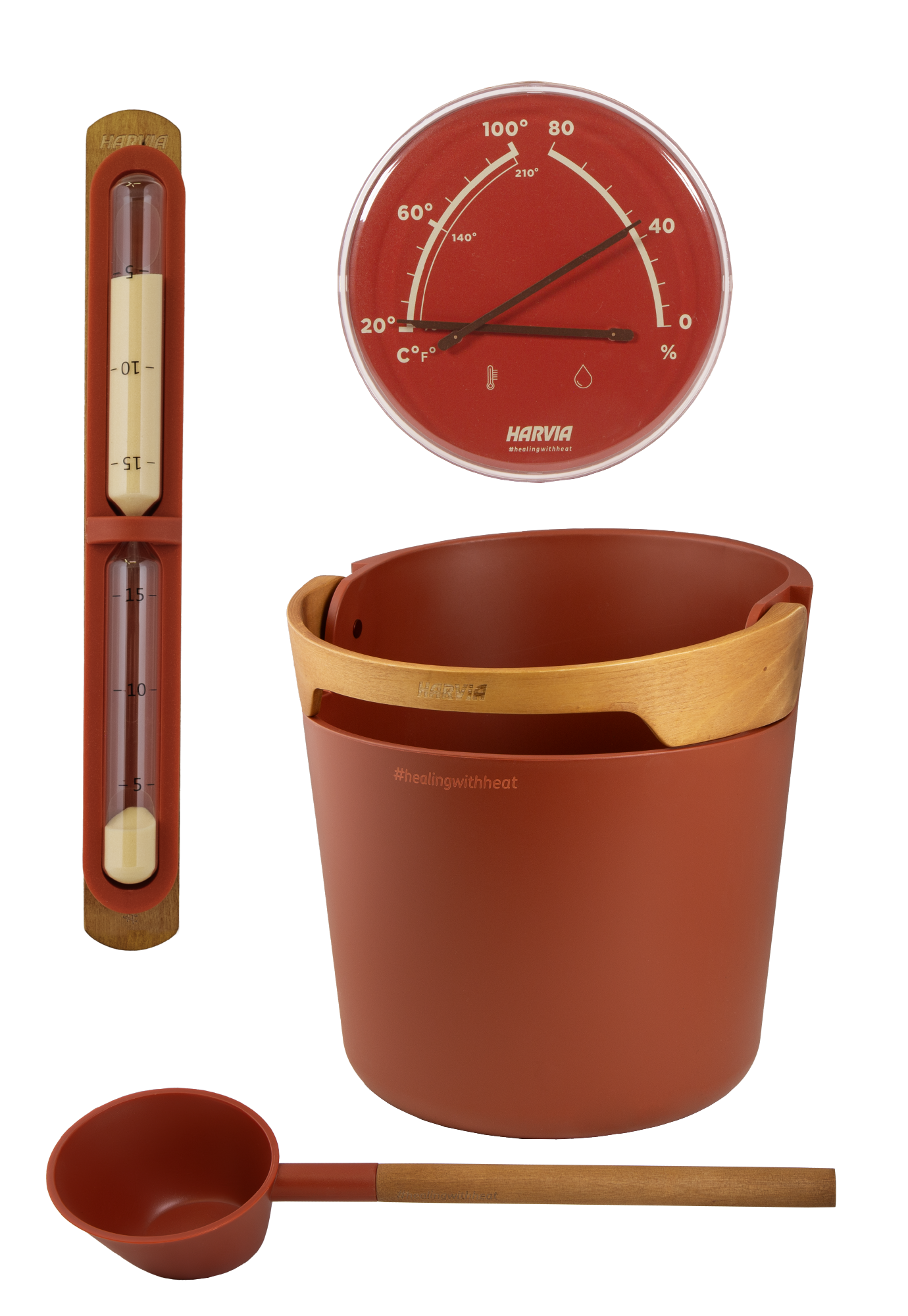 Ensemble seau de sauna HARVIA, hygromètre et sablier