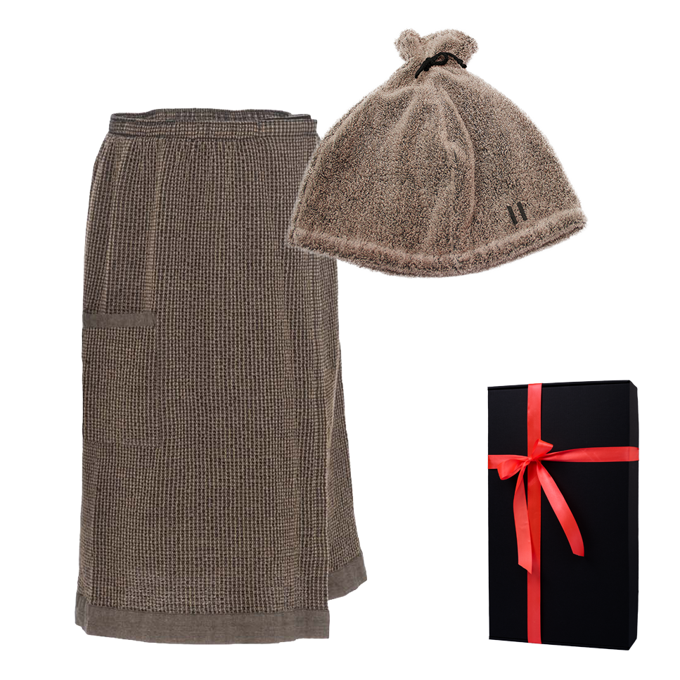 tablier et chapeau de sauna dans un coffret cadeau
