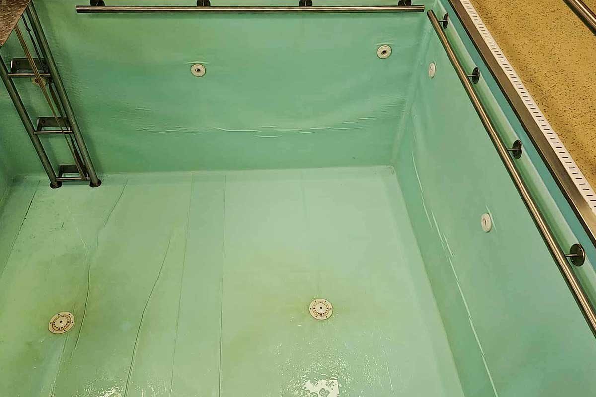Le fond de la piscine est recouvert d'une couche d'algues vertes, l'eau est trouble et donne l'impression d'un environnement négligé et insalubre.